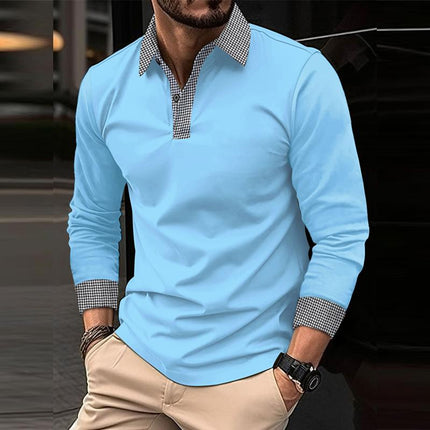 Men's Modern Fit Plaid Patchwork Polo Shirt | Long-Sleeve | Stylish Casual Wear