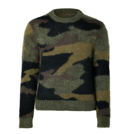 Men's Faux Mohair Sweater | Vintage Camouflage Jacquard | Crew Neck | Long Sleeve | Ribbed Cuffs and Hem | Warm and Stylish | Casual Fall Winter | High-Quality Soft Knit | Classic Timeless Design