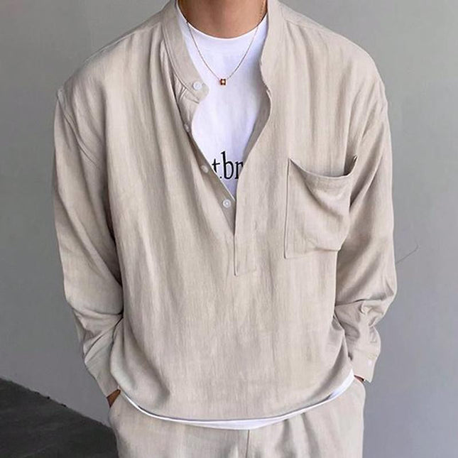 Men's Long Sleeve Henley Shirt | Solid Color Cotton Top | Casual Wear | Versatile & Comfortable | Button-Front Collar | Fall & Winter Fashion | James Visionary Design | Relaxed Fit | Breathable & Durable