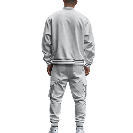 Men's Baseball Jacket Set | Stand Collar Jacket with Ribbed Detailing | Slim-Fit Trousers | Soft Breathable Fabric | Full Zip-Up | Casual Sportswear | Elastic Waist with Drawstring | Side & Back Pockets