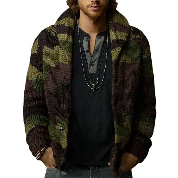 Men's Camo Jacquard Sweater Jacket | Button-Up Lapel Collar | Loose Fit | Long Sleeves | Knitted Fabric | Camouflage Pattern | Spring Autumn Winter Wardrobe Essential