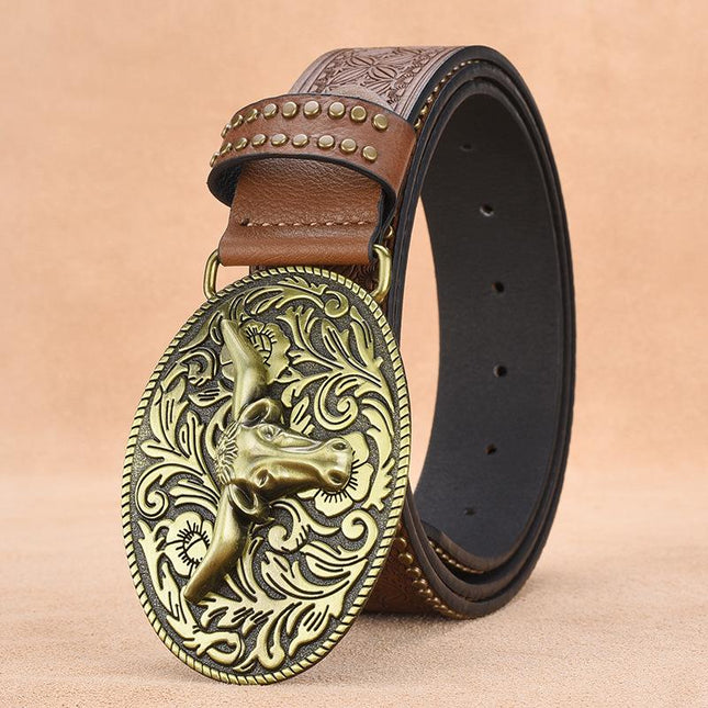Men's Leather Belt | Western Cowboy Style | Vintage Rivet Embossed | Rugged Design | Genuine Leather | Adjustable Metal Buckle | Classic Brown & Tan Options | Durable Fashion Accessory for Casual Attire