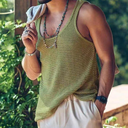 Men's Casual Knitted Tank Top | Solid Color | Sleeveless | Round Neck | Breathable Polyester | Comfortable Loose Fit | Daily Wear | Travel | Beach | Spring Summer