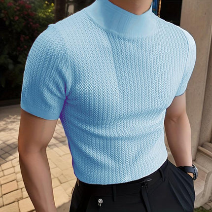 Men's Slim Fit Half Turtleneck Knitted Short Sleeve Tee | Solid Color | Lightweight Layering Top | Comfortable and Stylish | Semi-Formal and Casual Wear | Fall and Winter Fashion
