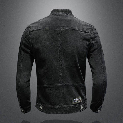 Men's Denim Biker Jacket | Vintage Washed | Classic Style | Snap Button Stand Collar | Full-Length Sleeves | Buttoned Cuffs | Multiple Pockets | Durable & Breathable Fabric | Casual Outerwear