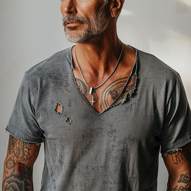 Men's V-Neck T-Shirt | Distressed Ripped Raw Edge | Short Sleeves | Solid Color | Breathable Fabric | Casual Comfortable Style | Rugged Urban Look | Versatile Everyday Wear