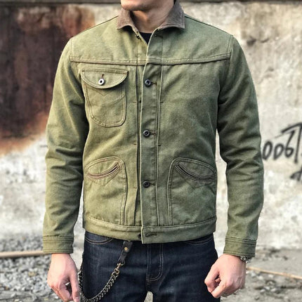 Men's Retro Style Motorcycle Inspired Jacket | Classic Lapel Collar | Single Breasted | Long Sleeve | Washed Canvas | Vintage Stone-Washed Effect | Functional Pockets | Tailored Fit | Subtle Luxurious Appeal