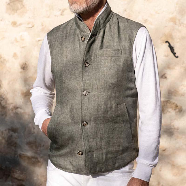 Men's Casual Linen Vest | Stand Collar | Multi-Pocket | Single Breasted | Lightweight | Versatile Gray Outerwear