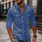 Men's Vintage Washed Denim Shirt | Distressed Lapel Design | Long Sleeve | Indigo Blue | Casual & Semi-Formal Versatility | Soft Cotton Fabric | Sizes S-2XL | Machine Washable