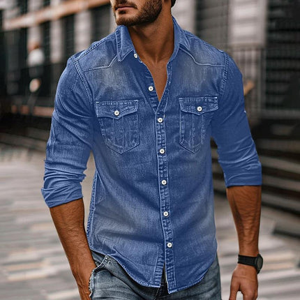 Men's Vintage Washed Denim Shirt | Distressed Lapel Design | Long Sleeve | Indigo Blue | Casual & Semi-Formal Versatility | Soft Cotton Fabric | Sizes S-2XL | Machine Washable