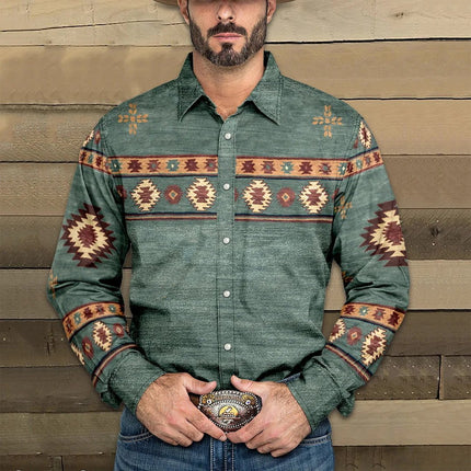 Men's Western Style Denim Print Shirt | Lapel Collar | Long Sleeve | Smart-Casual | High-Quality Fabric | Versatile Colors | Modern Fashionable Design | Multiple Size Options