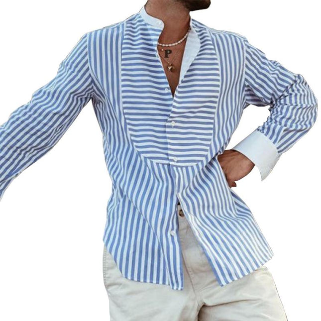 Men's Casual Long Sleeve Striped Shirt | Slim Fit Cotton Linen Blend | Irregular Stitching | Lapel Collar | Lightweight Machine Washable