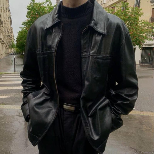 Men's Lapel PU Leather Jacket | Retro Casual Style | Solid Color | Regular Fit | Long Sleeve | Lightweight All Season Outerwear | Pocket Design | Multiple Sizes Available