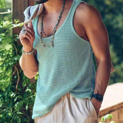 Men's Casual Knitted Tank Top | Solid Color | Sleeveless | Round Neck | Breathable Polyester | Comfortable Loose Fit | Daily Wear | Travel | Beach | Spring Summer
