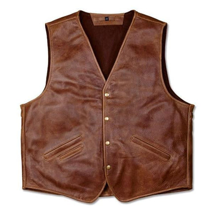 Men's Retro Leather Vest | V-Neck Design | 2022 Spring Style | Soft Genuine Leather | Brass Buttons | Welt Slash Pockets | Inner Calfskin Pocket | Comfortable Lining | Single Breasted | Fashionable Outerwear