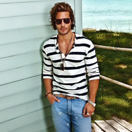 Men's Henley Shirt | Striped Long Sleeve | Cotton Blend | Casual Comfortable Fit | Fashionable Buttoned Placket Top | Versatile Wardrobe Essential