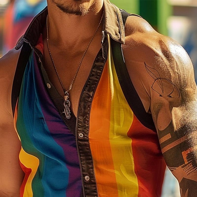 Men's Sleeveless Shirt | Rainbow Striped Patchwork | Lapel Collar | Slim Fit | Casual Wear | High-Quality Fabric | Perfect for Spring and Summer | Versatile Fashion Statement