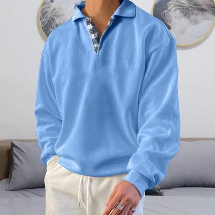 Men's Casual Loose Fit Sweatshirt | Long Sleeve V-Neck Plaid Stitching | Polyester Blend | Micro Elastic | Perfect for Spring and Autumn | Daily Wear Sports Outings | Street Urban Style