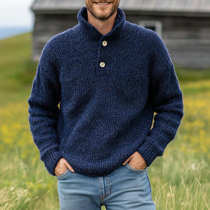 Men's Dark Blue Stand Collar Knit Sweater | Two-Button Detail | Vintage Style | Cotton Wool Blend | Long Sleeves | Ribbed Cuffs | Sophisticated Design | Versatile Cold Weather Wear | Textured Knit Pattern