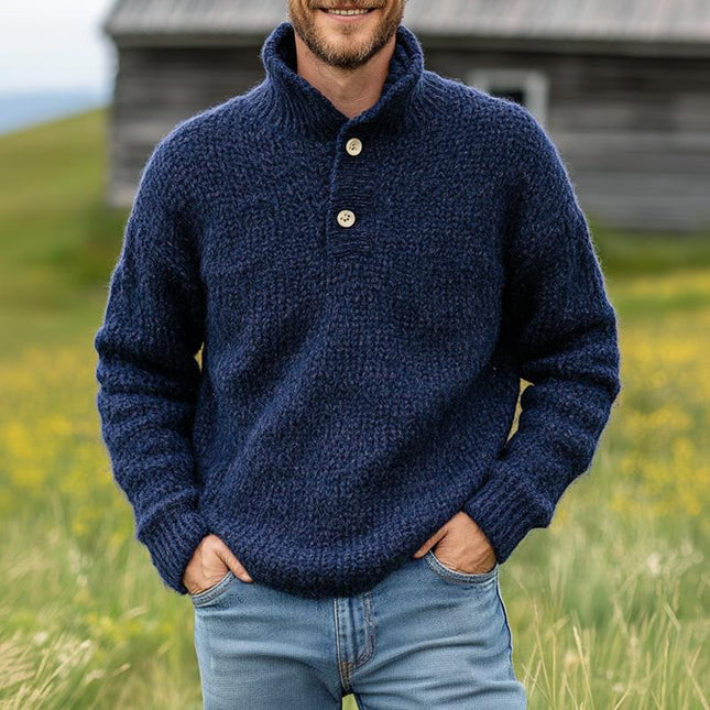 Men's Dark Blue Stand Collar Knit Sweater | Two-Button Detail | Vintage Style | Cotton Wool Blend | Long Sleeves | Ribbed Cuffs | Sophisticated Design | Versatile Cold Weather Wear | Textured Knit Pattern