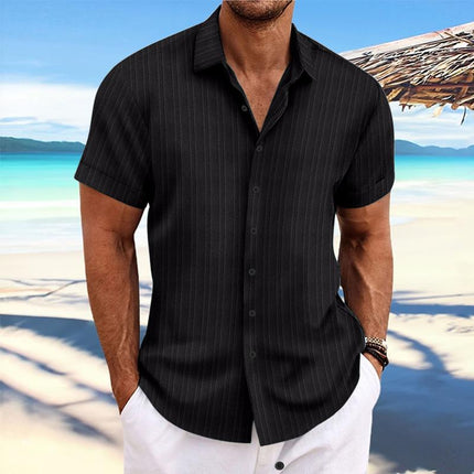 Men's Cotton Linen Blend Shirt | Stripe Print | Loose Short Sleeve | Lapel Collar | Breathable Fabric | Casual Dress Shirt