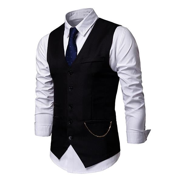Men's V-Neck Dress Vest | Soft Woven Fabric | Sleeveless | Five-Button Closure | Chest & Waist Welt Pockets | Adjustable Buckle Back | Fully Lined | Machine Washable