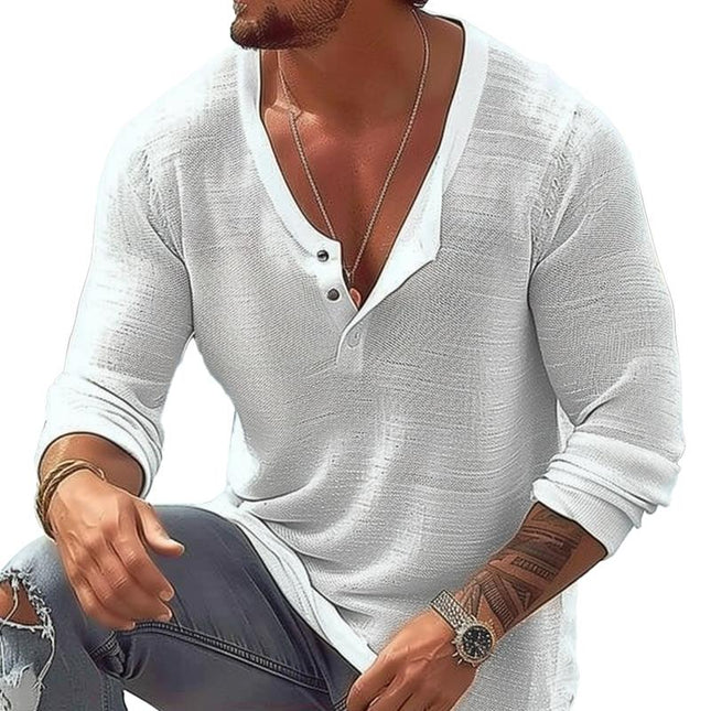 Men's Breathable Cotton Linen T-Shirt | U Neck | Long Sleeve | Casual Fit | Soft & Airy Fabric | Versatile Style | Easy Care | Ideal for Layering | Various Sizes | Everyday Comfort
