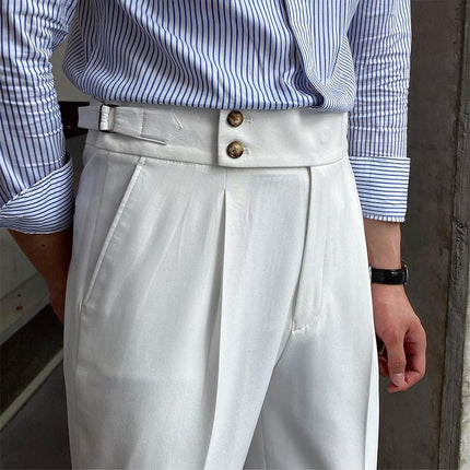 Men's British Style High Waist Straight Pants | Classic Wool Blend Trousers | Slim Fit Tailored Design | Durable Polyester & Spandex | Timeless Colors | Dry Clean Only | Versatile Formal & Casual Wear