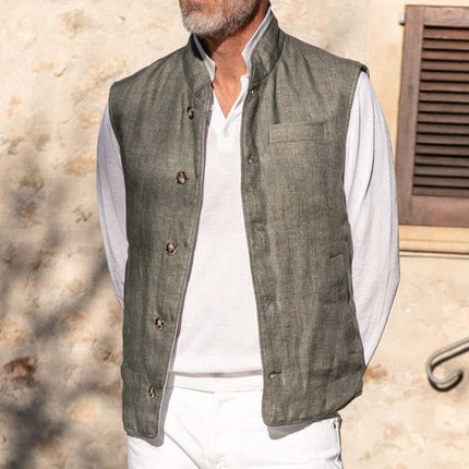 Men's Casual Linen Vest | Stand Collar | Multi-Pocket | Single Breasted | Lightweight | Versatile Gray Outerwear