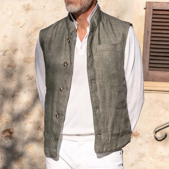 Men's Casual Linen Vest | Stand Collar | Multi-Pocket | Single Breasted | Lightweight | Versatile Gray Outerwear