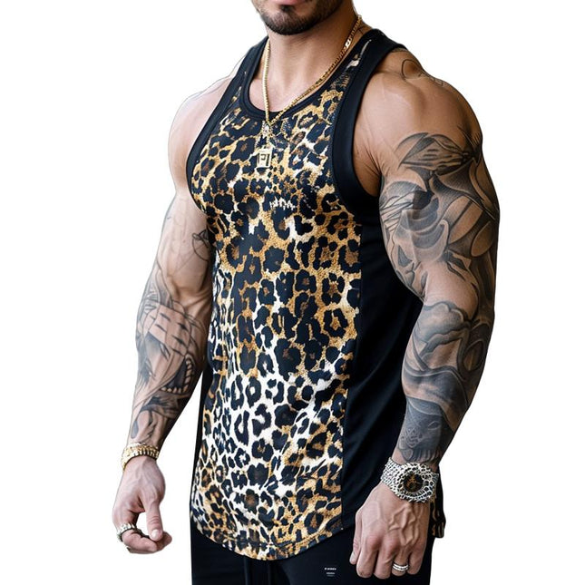 Men's Leopard Print Tank Top | Round Neck | Patchwork Details | Soft Breathable Fabric | Regular Fit | Casual Sleeveless Top | Versatile Styling | Comfortable Summer Wear