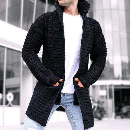 Men's Knit Cardigan | Solid Stand Collar | Mid-Length Design | High-Quality Knit Fabric | Two Hand Pockets | Variety of Solid Colors | Comfortable Tailored Fit | Versatile for Formal & Casual Occasions