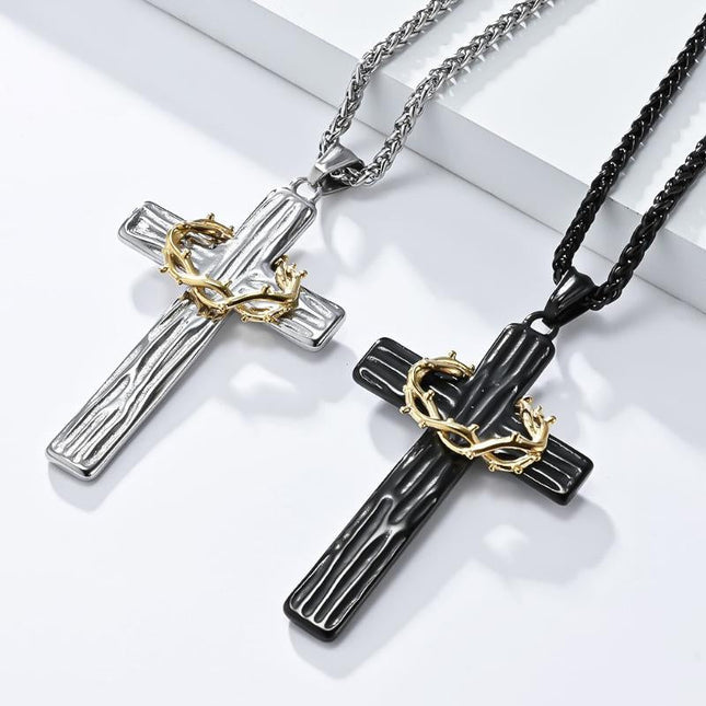 Vintage Wreath Cross Pendant Necklace | Casual Thorn Design | Unisex Jewelry Accessory | Antique Style Charm | Statement Necklace