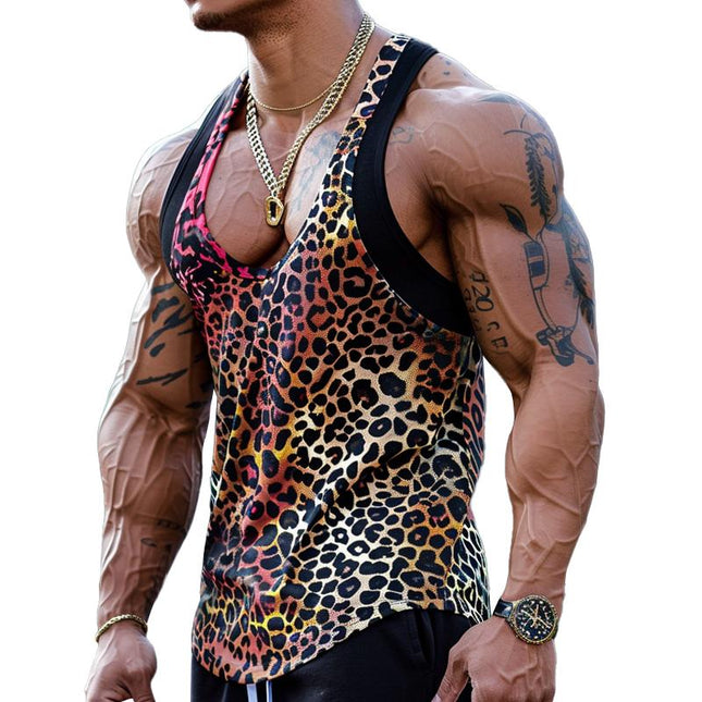Men's Leopard Print Tank Top | U-Neck Patchwork Design | Cotton Blend | Sexy Sleeveless Shirt | Bold Fashion Statement | Comfortable & Breathable | Summer Casuals | Versatile Styling | Trendy Pattern