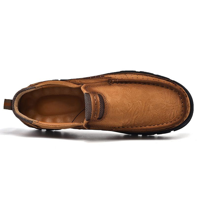Men's Slip-On Shoes | Retro Style | Plus Size | Cowhide Leather Upper | Wear-Resistant | Rubber Sole | Low Heel | Plain Pattern | Round Toe | Suitable for All Seasons