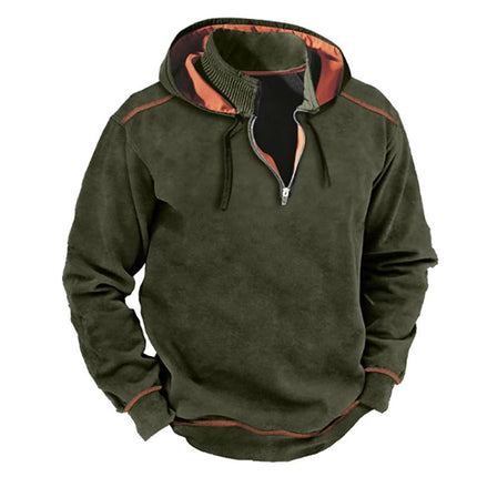 Men's Vintage Patchwork Hooded Sweatshirt | Stand Collar | Contrast Zipper | Retro 80s Style | Soft Cotton Blend | Adjustable Hood | Casual Streetwear | Warm Autumn Winter Top