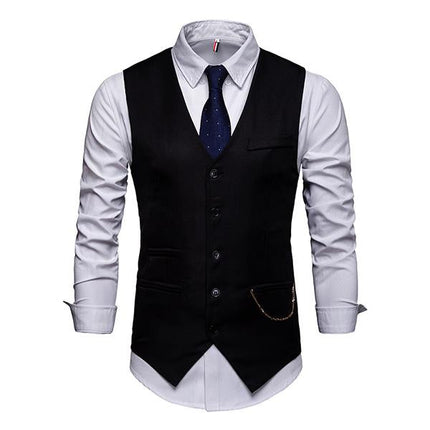 Men's V-Neck Dress Vest | Soft Woven Fabric | Sleeveless | Five-Button Closure | Chest & Waist Welt Pockets | Adjustable Buckle Back | Fully Lined | Machine Washable