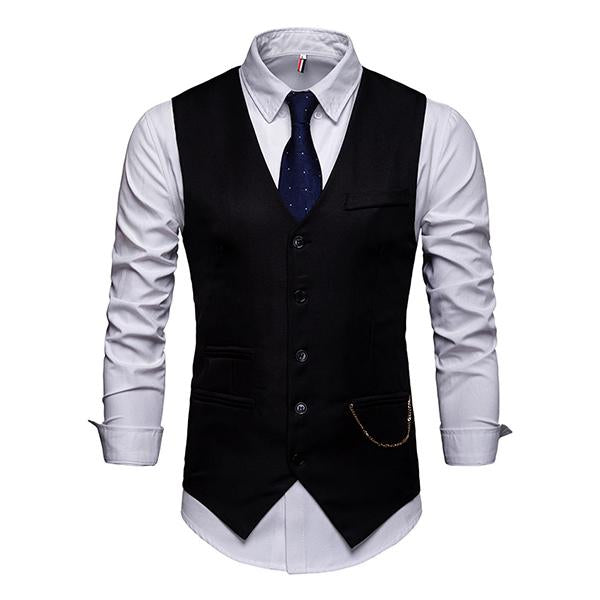 Men's V-Neck Dress Vest | Soft Woven Fabric | Sleeveless | Five-Button Closure | Chest & Waist Welt Pockets | Adjustable Buckle Back | Fully Lined | Machine Washable