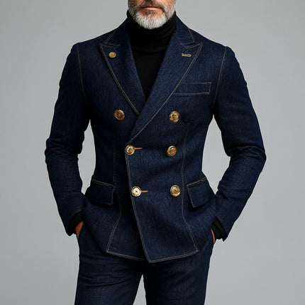 Men's Stylish Denim Blazer | Double Breasted Jacket | Notched Lapel | Long Sleeves | Button Cuffs | High-Quality Denim Fabric | Classic Blue | Semi-Formal | Versatile Outerwear | Casual Smart Wear
