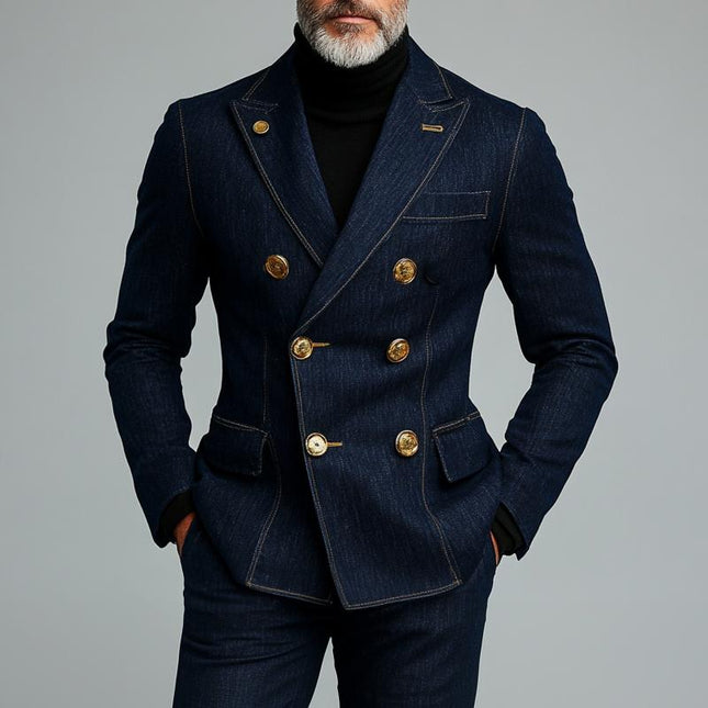 Men's Stylish Denim Blazer | Double Breasted Jacket | Notched Lapel | Long Sleeves | Button Cuffs | High-Quality Denim Fabric | Classic Blue | Semi-Formal | Versatile Outerwear | Casual Smart Wear