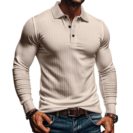 Men's Long Sleeve Polo Shirt | Casual Elastic Fit | Stretchy Fabric | Full-Length Sleeves | Classic Polo Collar | Button Placket | Available in Navy, Black, Gray, White, Burgundy | Comfortable & Versatile