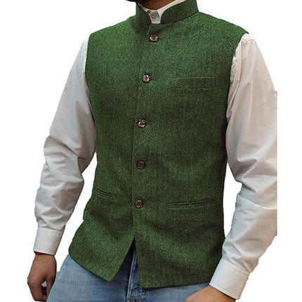 Men's Tweed Herringbone Vest | Stand Collar | Single Breasted | Elegant Vintage Style | Handmade | Soft High-Quality Fabric | Three Slip Pockets | Sophisticated Masculine Design | Formal or Casual Wear