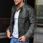 Men's Vintage PU Leather Biker Jacket | Stand Collar | Punk Style | Zipper Design | Distressed Motorcycle Look | Multiple Pockets | Metal Zippers | Winter Outerwear | Fashion Forward | All Weather