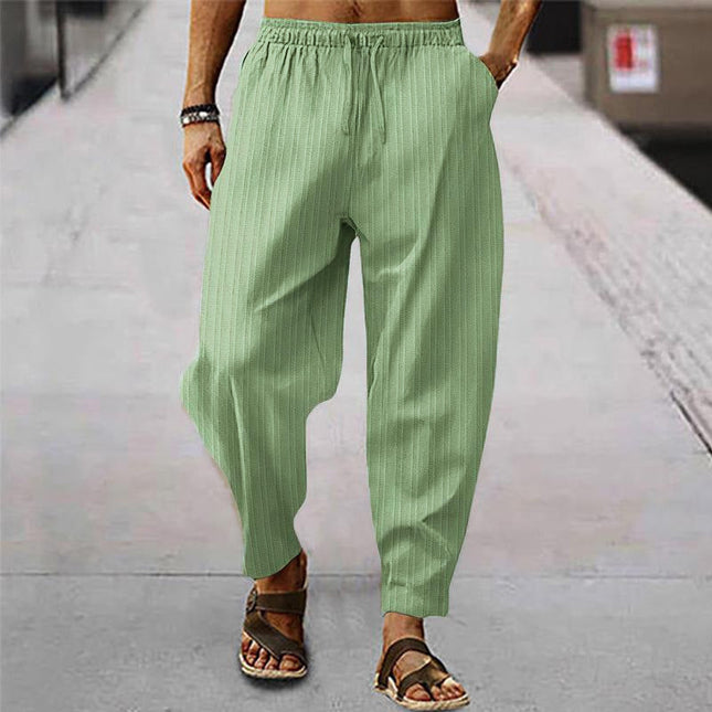 Men's Loose Fit Striped Trousers | Breathable Cotton Linen Blend | Casual Sports Pants | Elastic Drawstring Waistband | Stylish Comfortable Design | Ideal for Everyday Wear