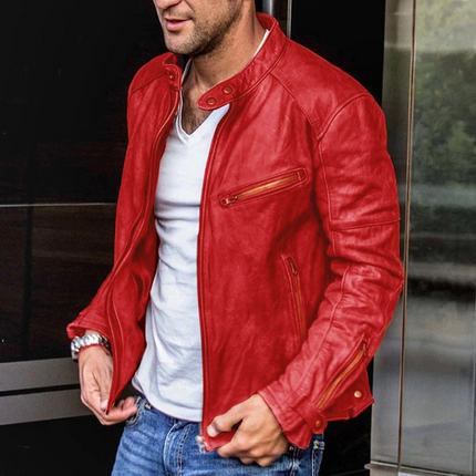 Men's Vintage PU Leather Biker Jacket | Stand Collar | Punk Style | Zipper Design | Distressed Motorcycle Look | Multiple Pockets | Metal Zippers | Winter Outerwear | Fashion Forward | All Weather