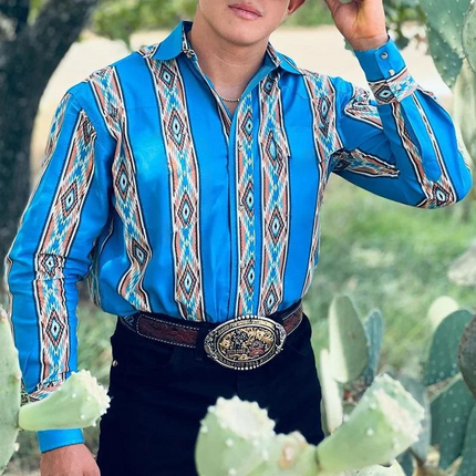 Men's Western Style Denim Print Shirt | Lapel Collar | Long Sleeve | Smart-Casual | High-Quality Fabric | Versatile Colors | Modern Fashionable Design | Multiple Size Options