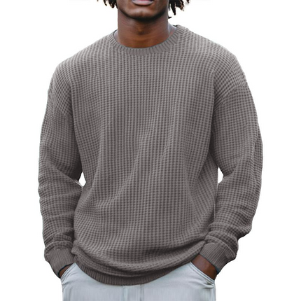 Men's Long Sleeve Waffle Knit Sweatshirt | Solid Color | Round Neck | Casual Layering | Soft Cotton Blend | Versatile Urban Fashion | Sizes S-5XL | Cool Weather Essentials