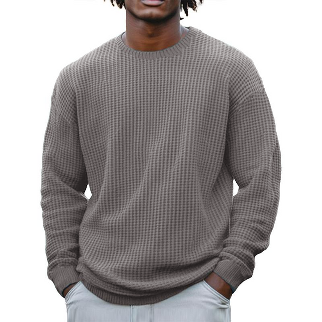 Men's Long Sleeve Waffle Knit Sweatshirt | Solid Color | Round Neck | Casual Layering | Soft Cotton Blend | Versatile Urban Fashion | Sizes S-5XL | Cool Weather Essentials