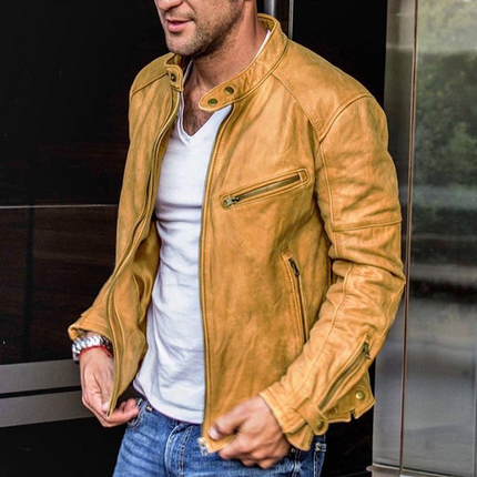 Men's Vintage PU Leather Biker Jacket | Stand Collar | Punk Style | Zipper Design | Distressed Motorcycle Look | Multiple Pockets | Metal Zippers | Winter Outerwear | Fashion Forward | All Weather