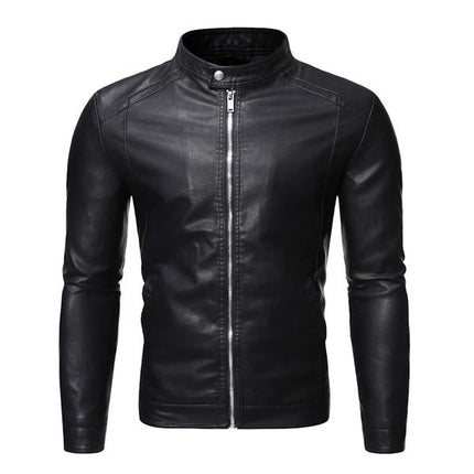 Men's Leather Jacket | Stand Collar | Soft Leather | Long Sleeve | Zip Closure | Solid Color | Windproof | Durable | Retro Style | Handmade Craftsmanship | Formal and Casual Wear